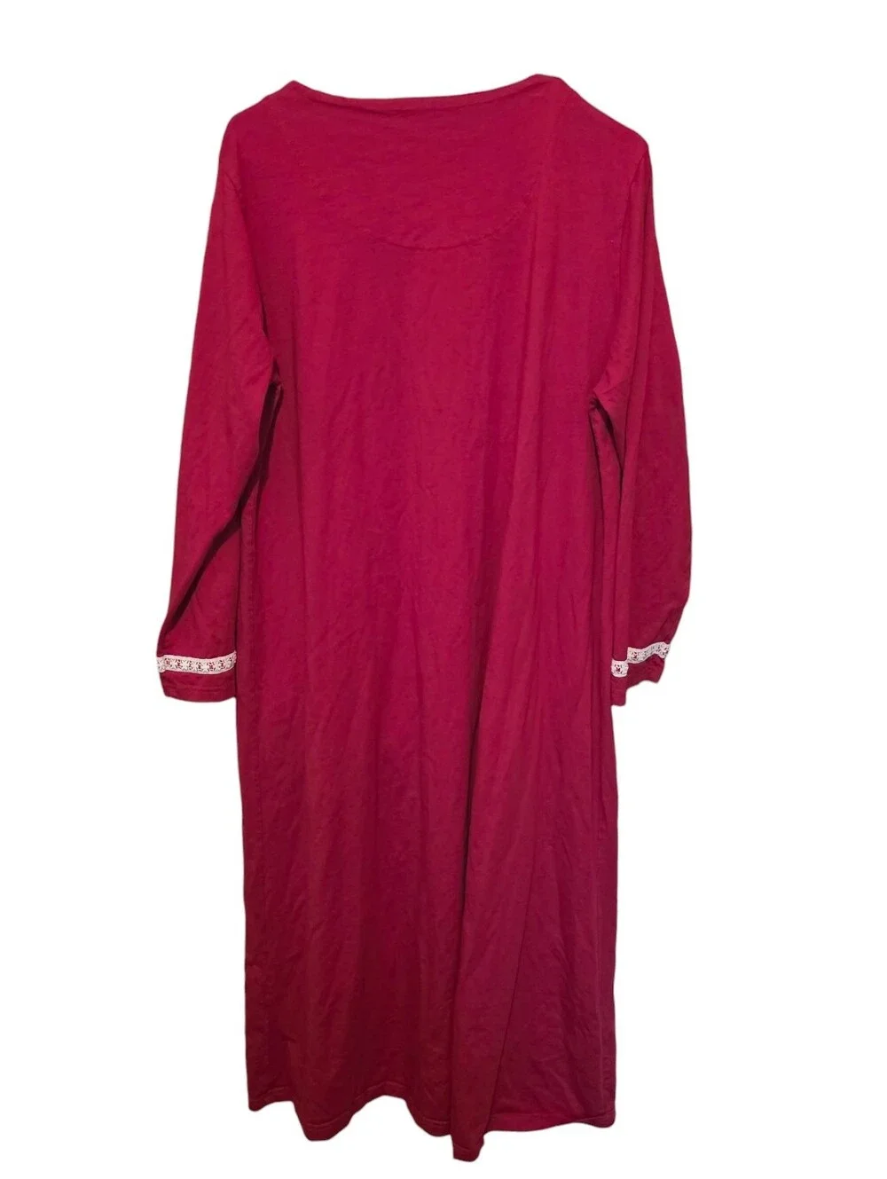 Keyocean 100% Cotton Longsleeve Red Nightgown White Embroidered Detail L EUC